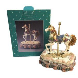 Vintage Musical Carousel Horse Music Box Floral Stage Pony Brass Pole